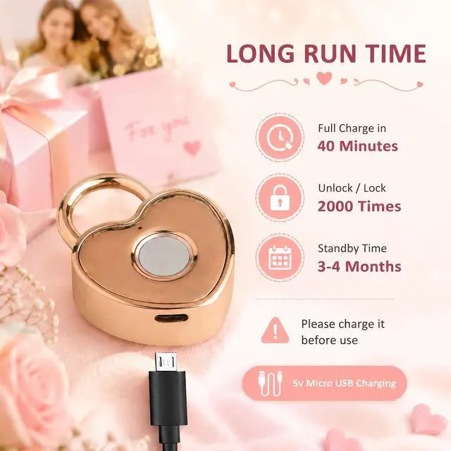 Alt view image 3 of 7 - Fingerprint Padlock for Gym Locker, Heart Shaped, Rose Gold | Rechargeable Cute Smart Lock,10-Fingerprint Memory, Ideal Gift for Jewelry Boxes, Cosmetic Cases, Suitcases, Travel, School