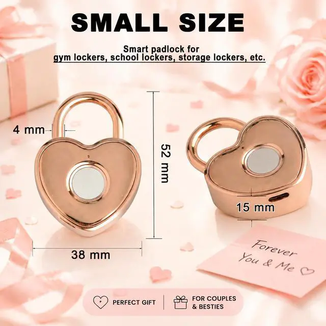 Alt view image 6 of 7 - Fingerprint Padlock for Gym Locker, Heart Shaped, Rose Gold | Rechargeable Cute Smart Lock,10-Fingerprint Memory, Ideal Gift for Jewelry Boxes, Cosmetic Cases, Suitcases, Travel, School