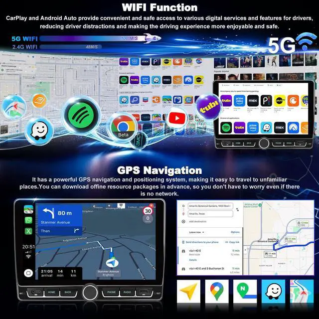 Alt view image 4 of 6 - 4+64G Car Radio for Ford F150 F-150 2009 2010 2011 2012 2013 2014, IPS Touch Screen Wireless CarPlay & Android Auto Stereo, 5G WiFi Bluetooth FM GPS DSP SWC Backup Camera, Type C Fast Charging