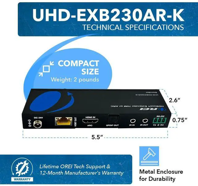 Alt view image 5 of 7 - HDMI Cat7 Extender 230ft HDBaseT, 4K2K@60Hz, Two-Way IR, HDR, ARC, POC | HDMI Extender with ARC, HDMI Extender ARC HDCP 2.2, 18Gbps, Dolby 5.1, DTS 5.1, PCM 2.0, EDID, Bi-directional IR PoC