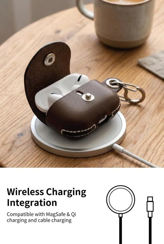 Alt view image 5 of 7 - Genuine Leather AirPods Pro 3 Case - Handcrafted Wireless Charging Holder Anti-Lost Carabiner Clip Premium Holster, Compatible with Apple AirPods Pro 3, Qi and MagSafe Charging (Brown)