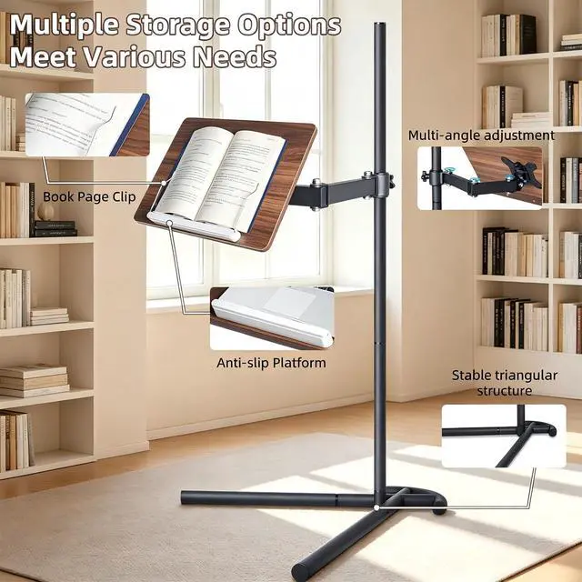 Alt view image 3 of 7 - Adjustable Laptop Stand for Bed and Couch V-Shaped Base | Dual metal clips, wood and steel frame, tool-free assembly, book stand, fits iPad Pro 12.9, Surface Pro, Kindle, for desk