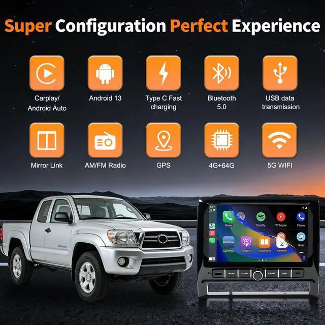 Alt view image 4 of 7 - 9 inch Car Radio Stereo Head Unit Upgrade for Toyota Tacoma 2005-2015 with Android13/5G WiFi/Wireless CarPlay/Android Auto/Touch Screen/GPS Navigation/Bluetooth/FM Radio/AHD Backup Camera(4G+64G)