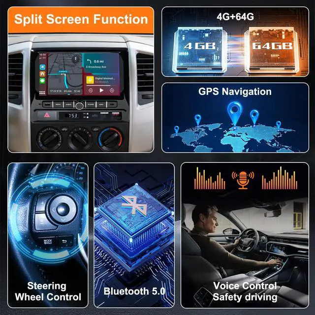 Alt view image 6 of 7 - 9 inch Car Radio Stereo Head Unit Upgrade for Toyota Tacoma 2005-2015 with Android13/5G WiFi/Wireless CarPlay/Android Auto/Touch Screen/GPS Navigation/Bluetooth/FM Radio/AHD Backup Camera(4G+64G)