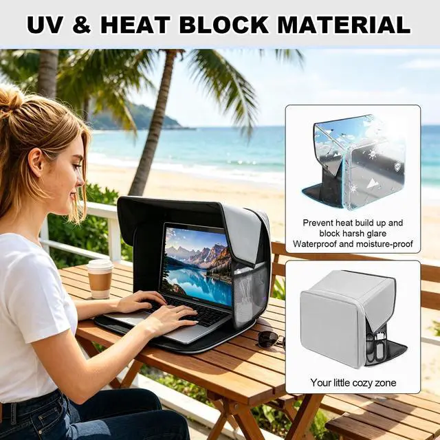 Alt view image 2 of 7 - Laptop Sun Shade, Fits 13-16 inch Laptop | Anti-Sun, Anti-Glare, Heat & Contrast Protection,Freestanding with Pocket,Fits Working Outside,Travel, Beach