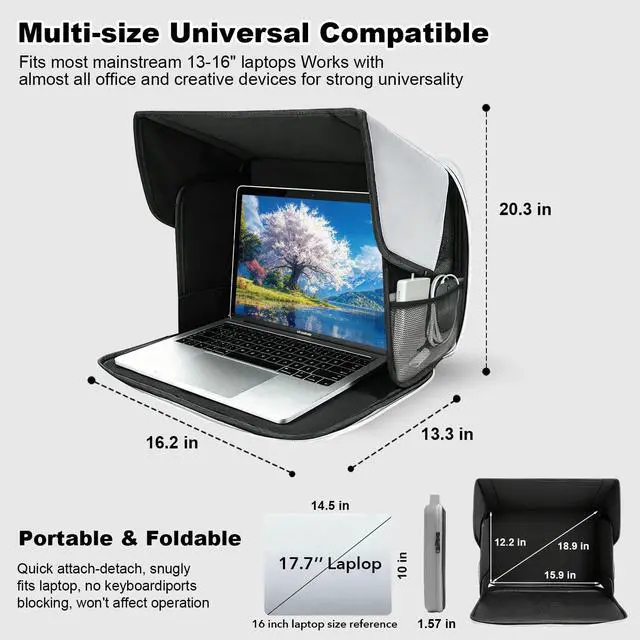 Alt view image 3 of 7 - Laptop Sun Shade, Fits 13-16 inch Laptop | Anti-Sun, Anti-Glare, Heat & Contrast Protection,Freestanding with Pocket,Fits Working Outside,Travel, Beach