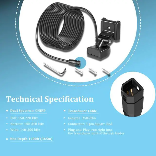 Alt view image 4 of 6 - 710274-1 XNT 9 HW T Transom Transducer for Humminbird Helix 5/7/8/9/10/12 with Dual Spectrum Chirp SonarBuilt-in Temperature Sensor 150-220kHz 1200 ft Depth3-Pin End20-ft Cable