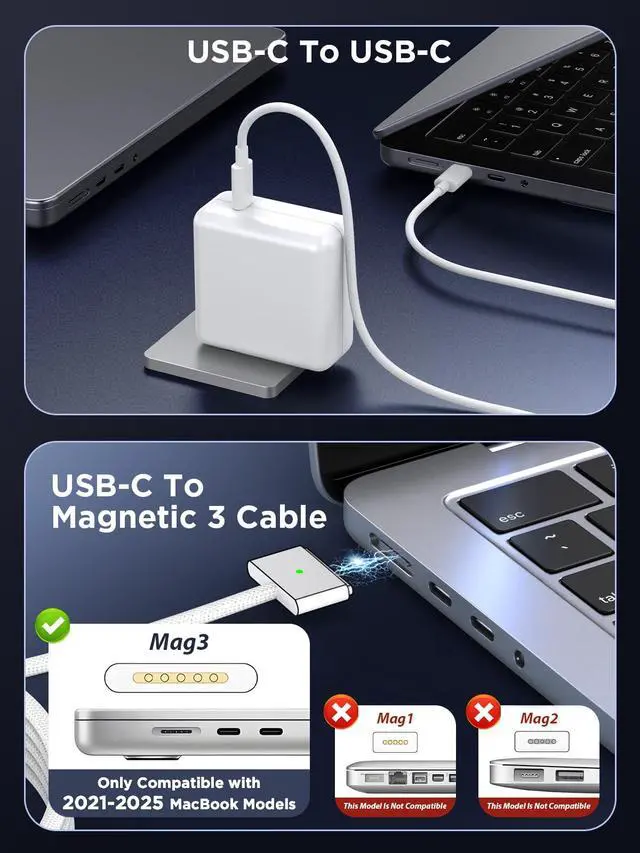 Alt view image 3 of 7 - 140W Charger for MacBook Pro 16 14 inch Mac Air 15 13 inch | Compatible with Mac M1 M2 M3 M4 M5 Chips (2021-2026)Original QualityPD3.1 GaN Fast Charger, 6.6FT Dual Cables Included