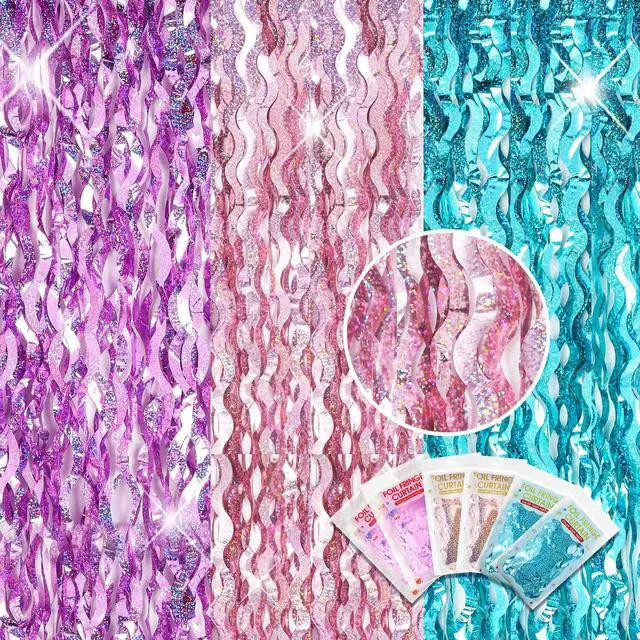 Main image of 6 Pieces 3.3 x 6.6 ft Wavy Tinsel Foil Fringe Curtains Foil Fringe Streamer Backdrop Party Curtain for Sea Mermaid Baby Shower Birthday Party Decoration(Purple, Pink, Blue Green)