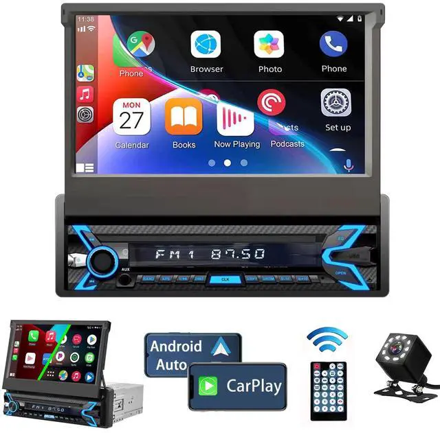 Main image of Single Din Flip Up Screen Car Stereo with Apple Carplay&Android Auto | 7inch Flip Out Touchscreen Car Radio with Bluetooth Car Audio Receivers, MirrorLink, Camera, FM/USB/AUX/TF/Subwoofer