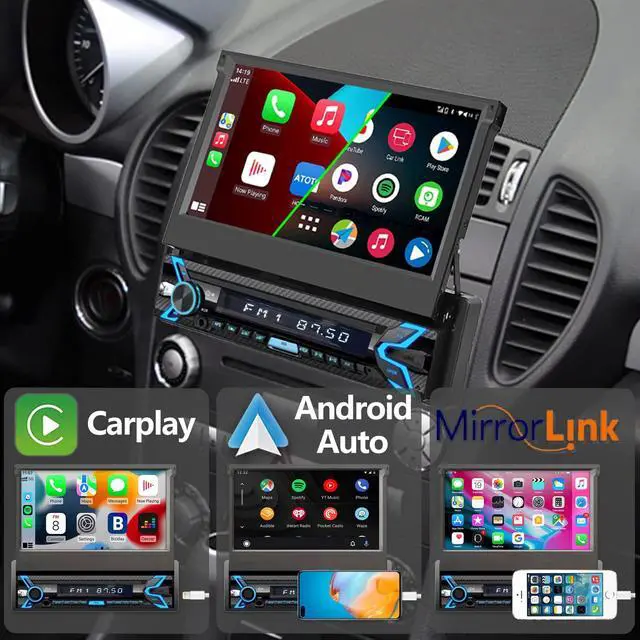 Alt view image 2 of 6 - Single Din Flip Up Screen Car Stereo with Apple Carplay&Android Auto | 7inch Flip Out Touchscreen Car Radio with Bluetooth Car Audio Receivers, MirrorLink, Camera, FM/USB/AUX/TF/Subwoofer