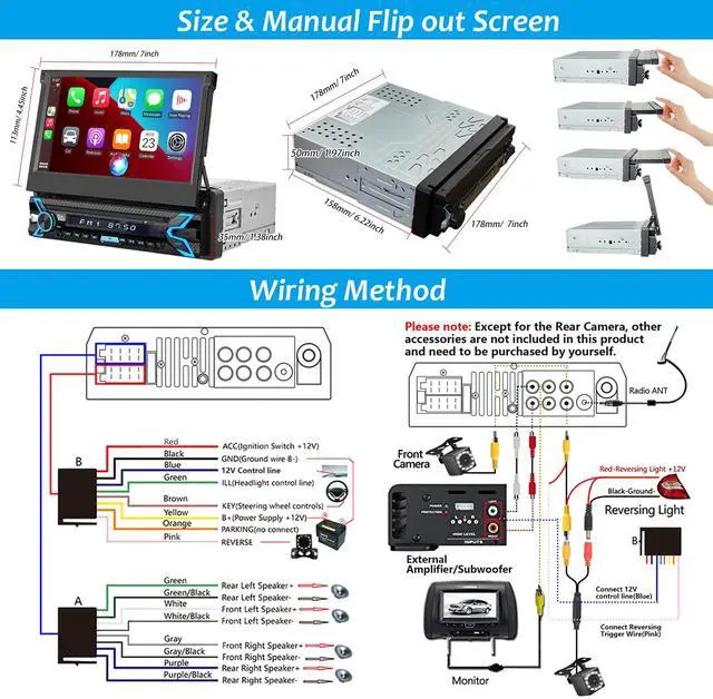 Alt view image 6 of 6 - Single Din Flip Up Screen Car Stereo with Apple Carplay&Android Auto | 7inch Flip Out Touchscreen Car Radio with Bluetooth Car Audio Receivers, MirrorLink, Camera, FM/USB/AUX/TF/Subwoofer