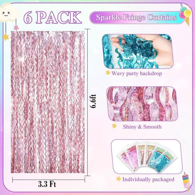 Alt view image 2 of 6 - 6 Pieces 3.3 x 6.6 ft Wavy Tinsel Foil Fringe Curtains Foil Fringe Streamer Backdrop Party Curtain for Sea Mermaid Baby Shower Birthday Party Decoration(Purple, Pink, Blue Green)