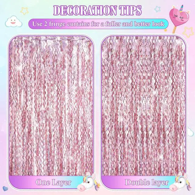 Alt view image 4 of 6 - 6 Pieces 3.3 x 6.6 ft Wavy Tinsel Foil Fringe Curtains Foil Fringe Streamer Backdrop Party Curtain for Sea Mermaid Baby Shower Birthday Party Decoration(Purple, Pink, Blue Green)