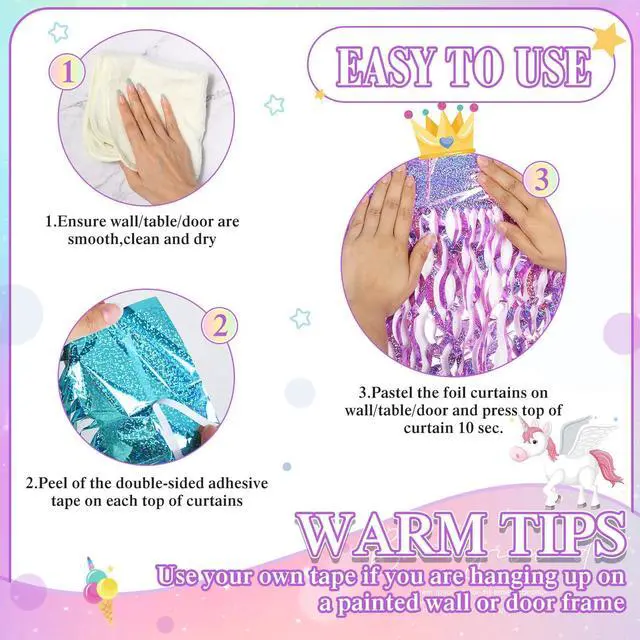 Alt view image 3 of 6 - 6 Pieces 3.3 x 6.6 ft Wavy Tinsel Foil Fringe Curtains Foil Fringe Streamer Backdrop Party Curtain for Sea Mermaid Baby Shower Birthday Party Decoration(Purple, Pink, Blue Green)