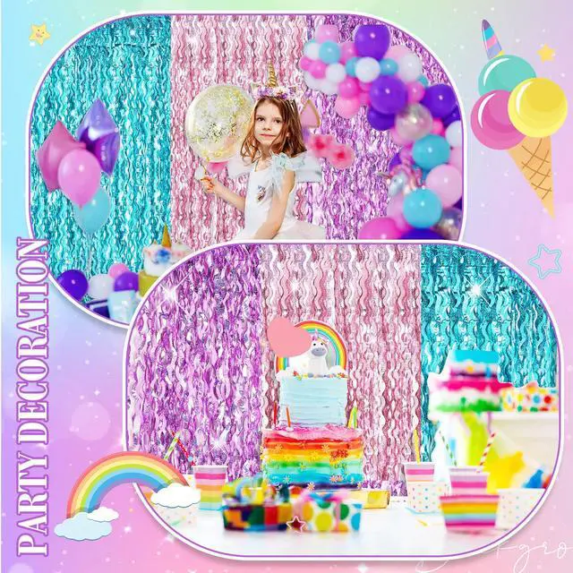 Alt view image 6 of 6 - 6 Pieces 3.3 x 6.6 ft Wavy Tinsel Foil Fringe Curtains Foil Fringe Streamer Backdrop Party Curtain for Sea Mermaid Baby Shower Birthday Party Decoration(Purple, Pink, Blue Green)