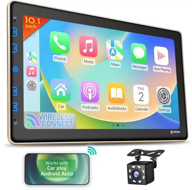 Main image of Double Din Car Stereo - 10"" Touchscreen Car Stereo with Bluetooth, Backup Camera, Car Audio, Car Radio - Compatible with Wireless CarPlay & Android Auto, Mirror Link, Gold