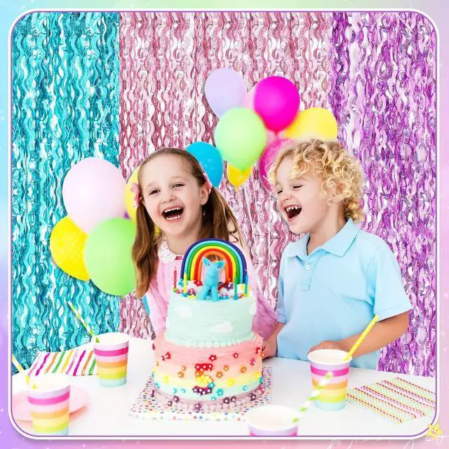 Alt view image 5 of 6 - 6 Pieces 3.3 x 6.6 ft Wavy Tinsel Foil Fringe Curtains Foil Fringe Streamer Backdrop Party Curtain for Sea Mermaid Baby Shower Birthday Party Decoration(Purple, Pink, Blue Green)