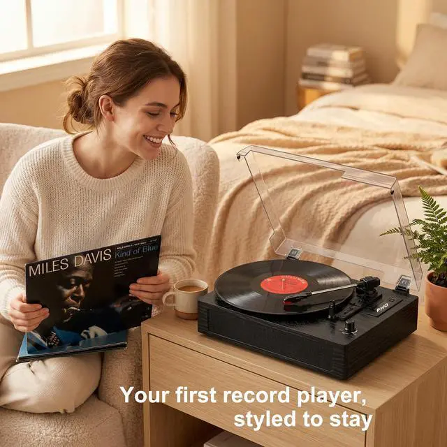 Alt view image 2 of 7 - Vinyl Record Player with Bluetooth, 3-Speed Belt-Drive Turntable with Built-in Speakers, Easy Setup for Beginners, USB Recording, RCA/AUX/Headphone Jack, Classic Black Wood Design