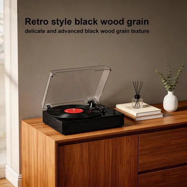 Alt view image 4 of 7 - Vinyl Record Player with Bluetooth, 3-Speed Belt-Drive Turntable with Built-in Speakers, Easy Setup for Beginners, USB Recording, RCA/AUX/Headphone Jack, Classic Black Wood Design