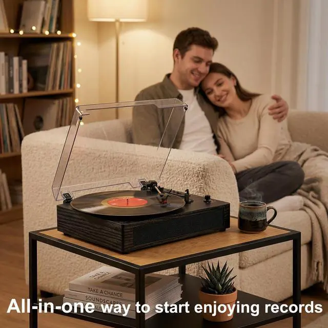 Alt view image 6 of 7 - Vinyl Record Player with Bluetooth, 3-Speed Belt-Drive Turntable with Built-in Speakers, Easy Setup for Beginners, USB Recording, RCA/AUX/Headphone Jack, Classic Black Wood Design