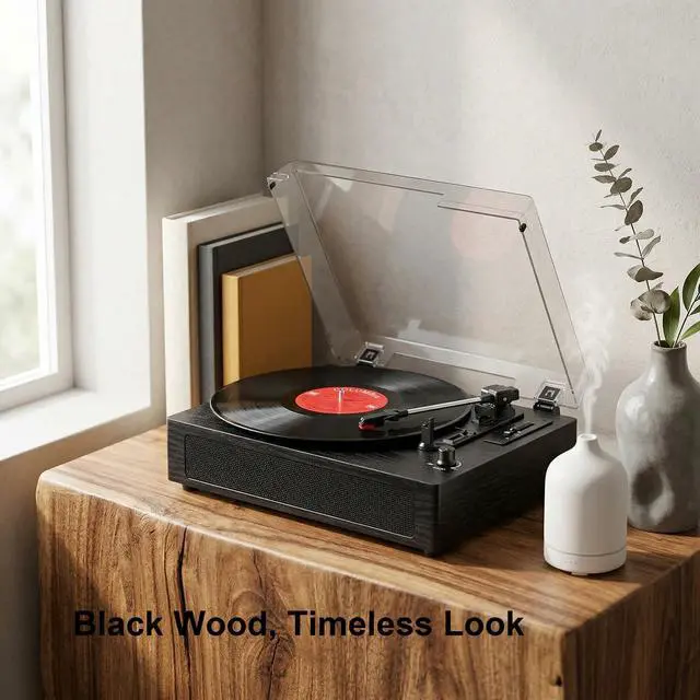 Alt view image 7 of 7 - Vinyl Record Player with Bluetooth, 3-Speed Belt-Drive Turntable with Built-in Speakers, Easy Setup for Beginners, USB Recording, RCA/AUX/Headphone Jack, Classic Black Wood Design