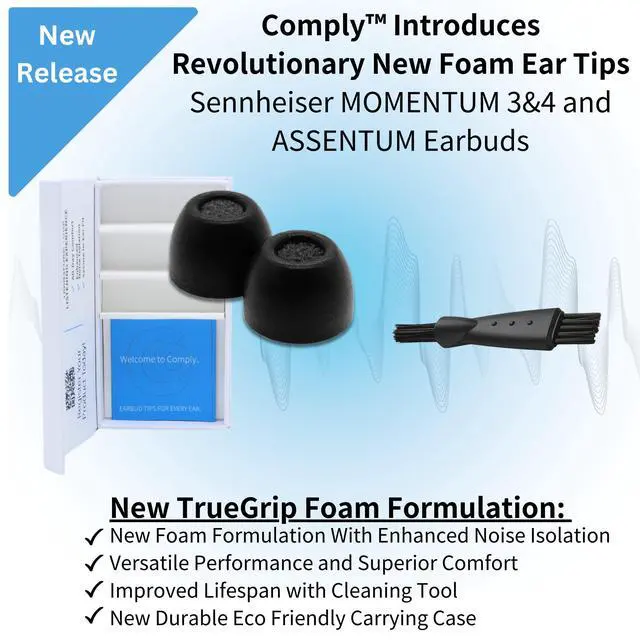 Alt view image 3 of 7 - TrueGrip Premium Memory Foam Replacement Ear Tips, Black (S/M/L) | 3 Pairs, for Sennheiser Momentum 3, 4, ACCENTUM, Enhanced Comfort, Secure Fit, Superior Noise Isolation, Cleaning Tool