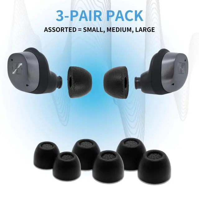 Alt view image 2 of 7 - TrueGrip Premium Memory Foam Replacement Ear Tips, Black (S/M/L) | 3 Pairs, for Sennheiser Momentum 3, 4, ACCENTUM, Enhanced Comfort, Secure Fit, Superior Noise Isolation, Cleaning Tool