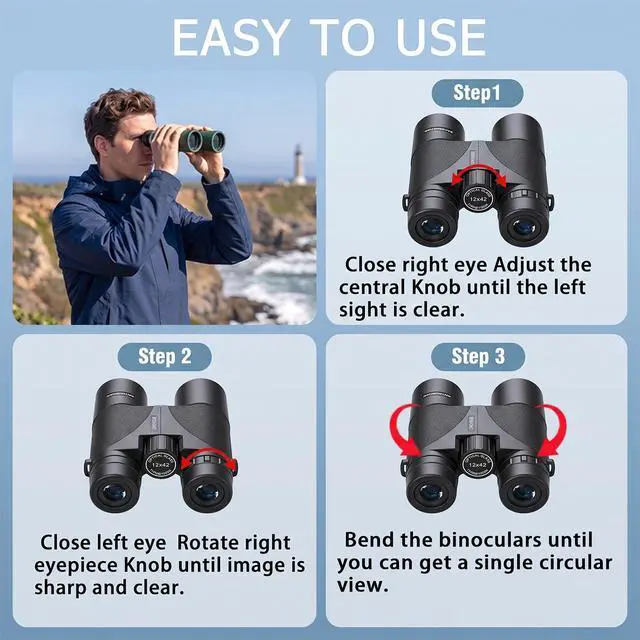 Alt view image 2 of 7 - 12x42 HD Binoculars for Adults, BAK4 Prism Waterproof Lightweight Binoculars with Low Light Vision for Bird Watching, Hunting, Hiking, Travel, Cruise
