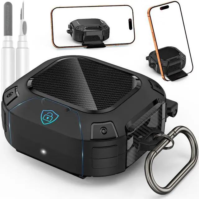 Main image of for Beats Powerbeats Fit Case Cover with Safety Lock & Phone Stand | Heavy Duty, Shockproof Protective Case for Powerbeats Fit Earbuds 2025, with Cleaner Kit & Carabiner for Travel, Black