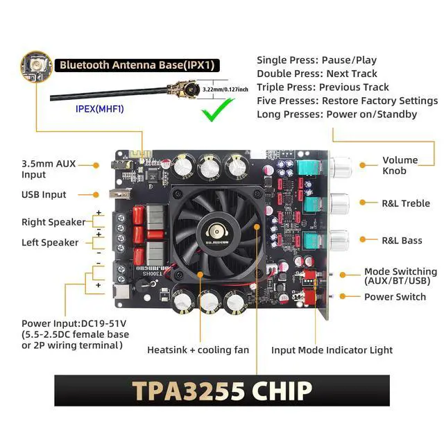 Alt view image 2 of 6 - T300HS 2.0 Channel Bluetooth Amplifier Board, 300W+300W High Power, TPA3255 Chip, with Independent Bass & Treble Control, for Home Audio & DIY Speaker Projects