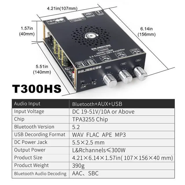 Alt view image 6 of 6 - T300HS 2.0 Channel Bluetooth Amplifier Board, 300W+300W High Power, TPA3255 Chip, with Independent Bass & Treble Control, for Home Audio & DIY Speaker Projects