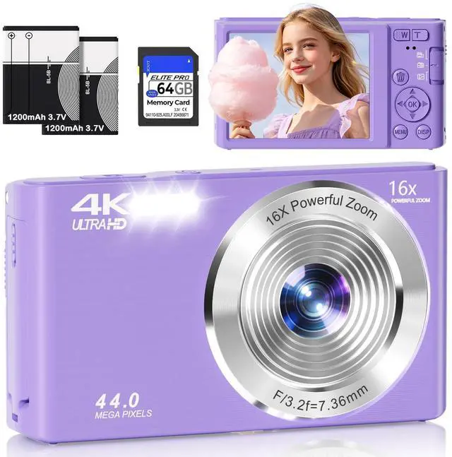 Main image of Digital Camera 4K, Autofocus Compact Digital Camera for Photography with 16X Zoom, 64GB Card & 2 Batteries, 44MP Portable Camera for Teens, Beginners, Students, Kids, Boys, Girls