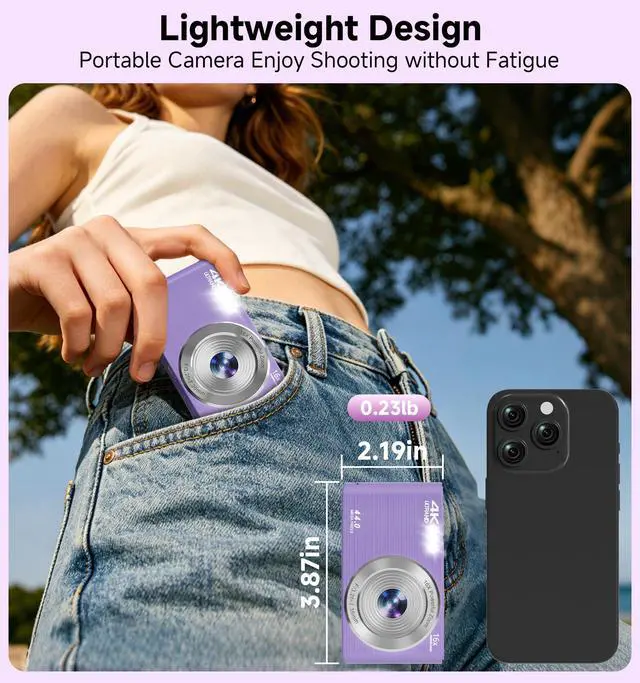 Alt view image 7 of 7 - Digital Camera 4K, Autofocus Compact Digital Camera for Photography with 16X Zoom, 64GB Card & 2 Batteries, 44MP Portable Camera for Teens, Beginners, Students, Kids, Boys, Girls