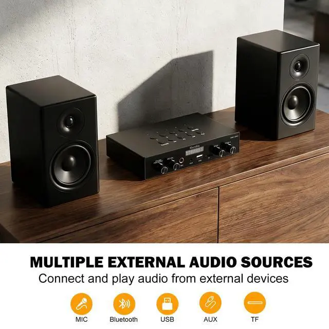 Alt view image 3 of 7 - Bluetooth 5.4 Stereo Audio Amplifier Receiver - 60W Peak Power x 8 Channel with USB/TF/AUX/MIC Inputs, Bass/Treble Control, 4 Zone Independent Power Control for Multi-Room Home Audio System