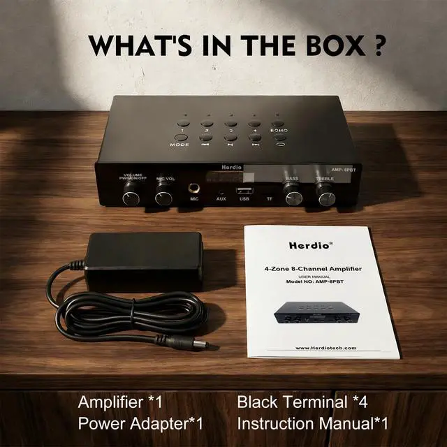 Alt view image 7 of 7 - Bluetooth 5.4 Stereo Audio Amplifier Receiver - 60W Peak Power x 8 Channel with USB/TF/AUX/MIC Inputs, Bass/Treble Control, 4 Zone Independent Power Control for Multi-Room Home Audio System