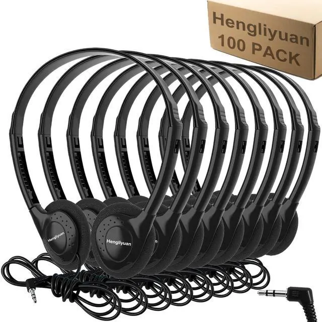Main image of Classroom Headphones Bulk 100 Pack for Kids Schools Students,Wholesale Wired On Ear Class Set Headphones for Library Chromebook Laptop PC Computer(HLY002 Black)