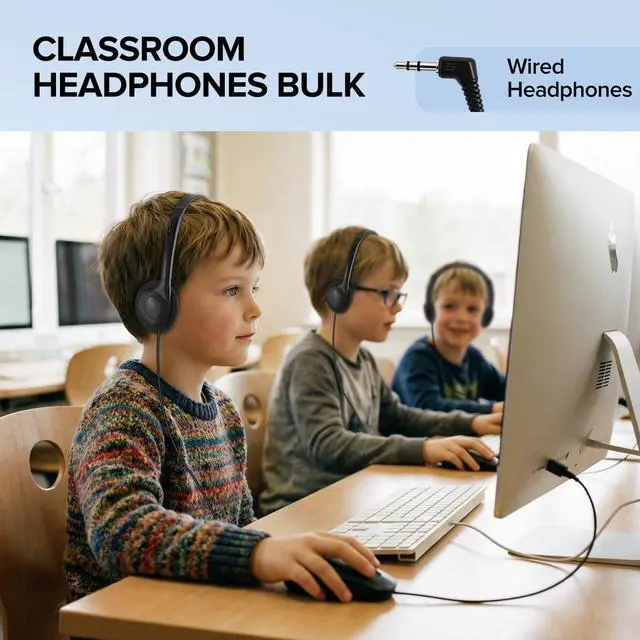 Alt view image 7 of 7 - Classroom Headphones Bulk 100 Pack for Kids Schools Students,Wholesale Wired On Ear Class Set Headphones for Library Chromebook Laptop PC Computer(HLY002 Black)