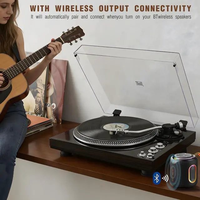 Alt view image 5 of 7 - High-Fidelity Vinyl Record Player, Bluetooth Turntable with Magnetic Cartridge, 2-Speed Belt Drive Wood Vintage Player with Auto-Return, Adjustable Counterweight, Pitch Control & Preamp