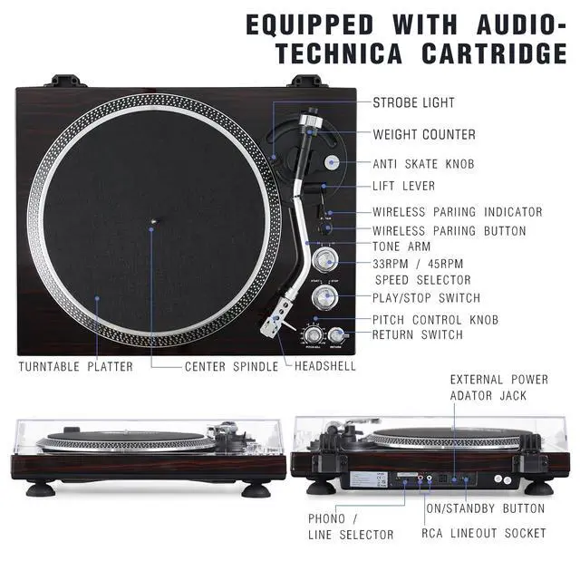Alt view image 7 of 7 - High-Fidelity Vinyl Record Player, Bluetooth Turntable with Magnetic Cartridge, 2-Speed Belt Drive Wood Vintage Player with Auto-Return, Adjustable Counterweight, Pitch Control & Preamp