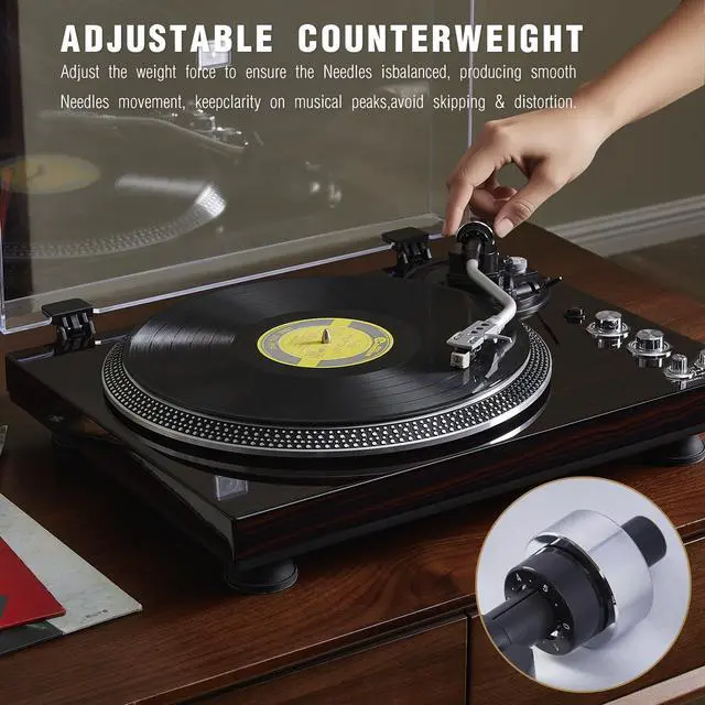 Alt view image 4 of 7 - High-Fidelity Vinyl Record Player, Bluetooth Turntable with Magnetic Cartridge, 2-Speed Belt Drive Wood Vintage Player with Auto-Return, Adjustable Counterweight, Pitch Control & Preamp