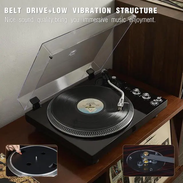 Alt view image 6 of 7 - High-Fidelity Vinyl Record Player, Bluetooth Turntable with Magnetic Cartridge, 2-Speed Belt Drive Wood Vintage Player with Auto-Return, Adjustable Counterweight, Pitch Control & Preamp