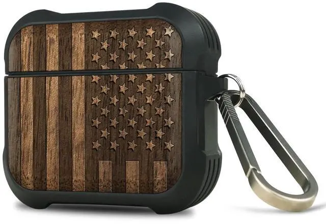 Main image of Solid Wood Case for AirPods 4, American Flag, Walnut | AirPods 4th Generation (2024, USB-C) Case with Quick-Release Keychain, Soft Shockproof TPU Cover, Artisan-Engraved Wood