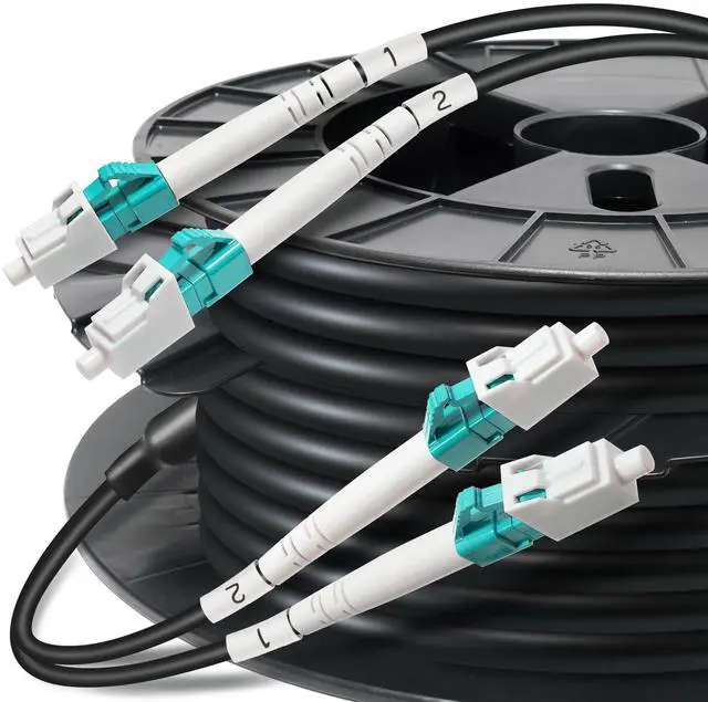 Main image of 400 ft All-Dielectric (5.8mm) Aerial/Direct Burial Outdoor Multimode Duplex OM3 LC Fiber Cable, Double Sheath+2 FRP Strength Fiber Optic Patch Cord, 40Gb 10Gb, LC-LC, 50/125m