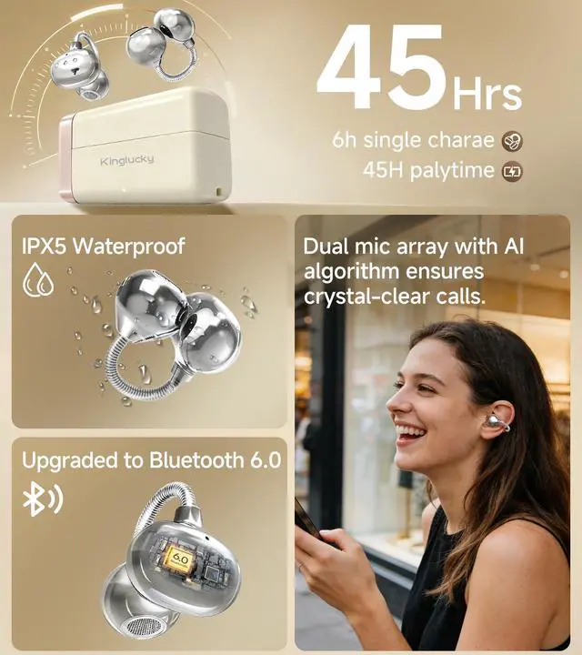 Alt view image 7 of 7 - King Lucky Open-Ear Clip-On Earbuds for Running, Bluetooth 6.0 Wireless Headphones with Memory Spring, Secure Fit for Small Ears & Glasses Wearers, 45H Playtime, ENC Mic, IPX5 Waterproof (White)