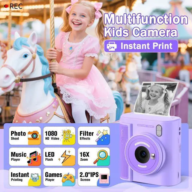 Alt view image 2 of 7 - Upgrade Kids Camera Instant Print for Ages 3-12, Portable Instant Print Camera with HD Digital Video, Perfect Christmas Birthday Gift for Boys & Girls, Includes 32GB SD Card - Purple