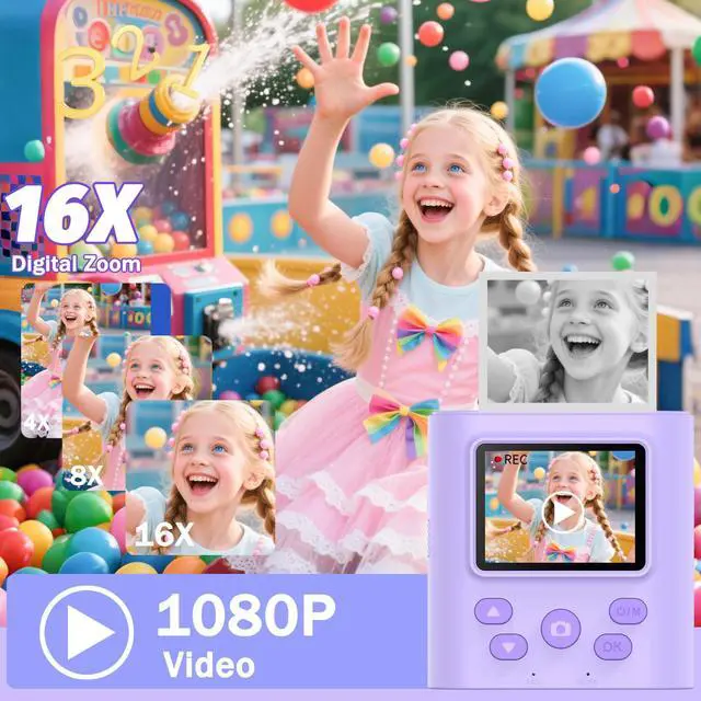 Alt view image 3 of 7 - Upgrade Kids Camera Instant Print for Ages 3-12, Portable Instant Print Camera with HD Digital Video, Perfect Christmas Birthday Gift for Boys & Girls, Includes 32GB SD Card - Purple