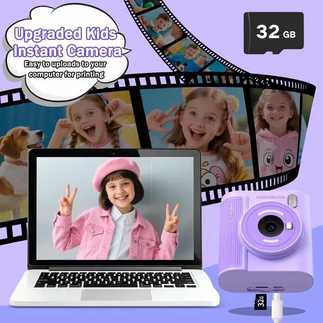 Alt view image 4 of 7 - Upgrade Kids Camera Instant Print for Ages 3-12, Portable Instant Print Camera with HD Digital Video, Perfect Christmas Birthday Gift for Boys & Girls, Includes 32GB SD Card - Purple