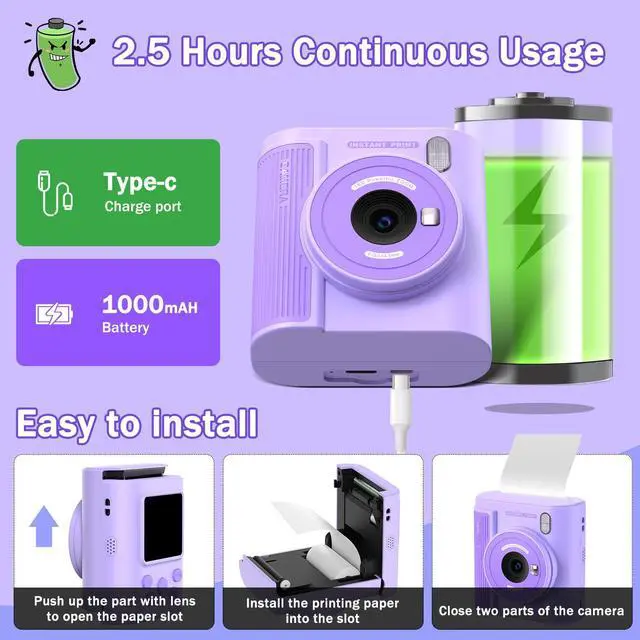 Alt view image 7 of 7 - Upgrade Kids Camera Instant Print for Ages 3-12, Portable Instant Print Camera with HD Digital Video, Perfect Christmas Birthday Gift for Boys & Girls, Includes 32GB SD Card - Purple