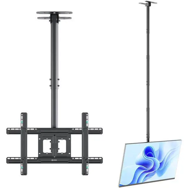 Alt view image 2 of 7 - Ceiling TV Mount 32-80 Inch, max 150 lbs, max VESA 600x400, Black | Extra long ceiling TV bracket with 28.2-122.2" height adjustment, swivel, tilt; wall/ceiling setup for home theater &